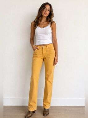 ETRO Milano Jeans 30 Mustard Yellow Embroidered Paisley Y2K Boho Italy $950
